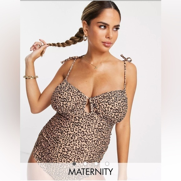 Fashion Union Maternity Animal Print Tie Shoulder Keyhole Detail Swimsuit Size 6 - Picture 1 of 16